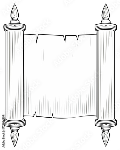 Blank unrolled antique parchment scroll illustration with decorative pillars for ancient messages or text