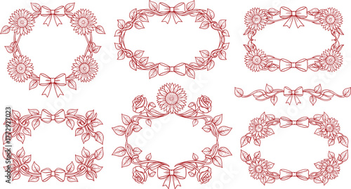Collection of floral frames with bows, sunflowers, and roses on transparent background