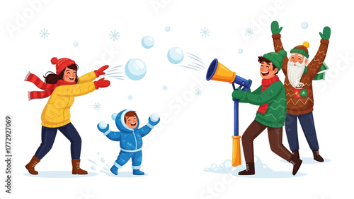 Winter Wonderland Fun: A heartwarming illustration captures a spirited snowball fight, evoking joy and togetherness during a snowy winter day.