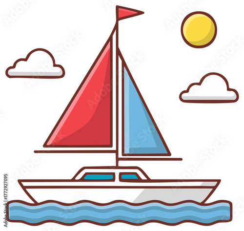 Sailboat with red and blue sails cruises on wavy water under a bright sun and clouds