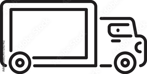 Simple black and white line art icon of a delivery truck, symbolizing transportation, shipping, and logistics
