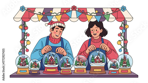 Snow Globe Shop: Two vendors present an array of festive snow globes for sale, capturing a scene of seasonal commerce and the spirit of gift-giving and decoration. 