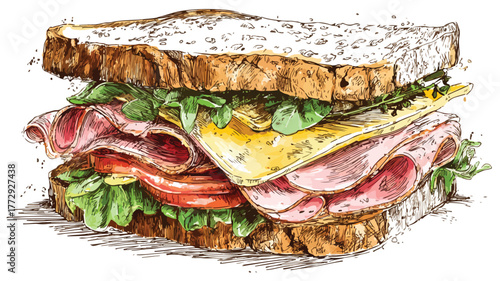 Delicious Hand-drawn Sandwich with Meat Sketch for Food Concepts