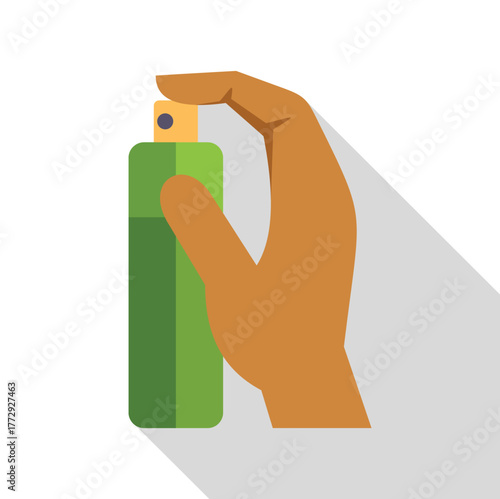Hand holding and about to use a green spray bottle, potentially containing sanitizer, air freshener, or other household product
