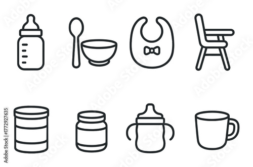 Baby essentials icons set: bottle, spoon, bowl, bib, high chair, jar, sippy cup, mug