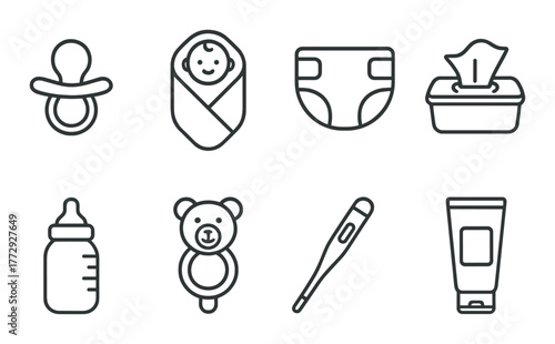 Baby care essentials icons on metallic background: pacifier, diaper, bottle, thermometer, wipes