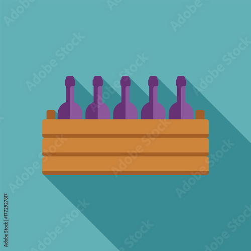 Five purple wine bottles standing in wooden crate, packaging for transportation of alcohol, flat vector illustration with long shadow