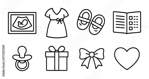 Minimalist baby shower icons set featuring pacifier bow gift and heart