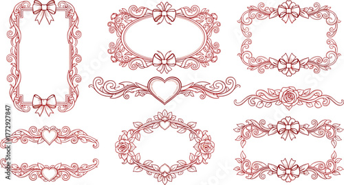Collection of decorative frames and dividers with floral and ribbon elements on transparent background