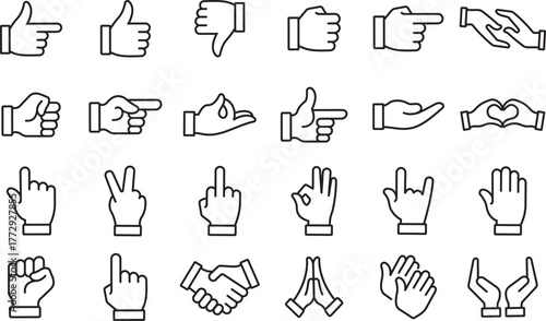 Hand gesture line icons set. Collection of hand gesture icons representing various actions and emotions for graphic design and communication, isolated on transparent background. Vector illustration.