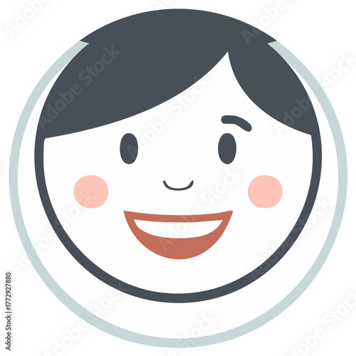 Happy smiling woman cartoon character face icon. Vector illustration of a joyful person with rosy cheeks.
