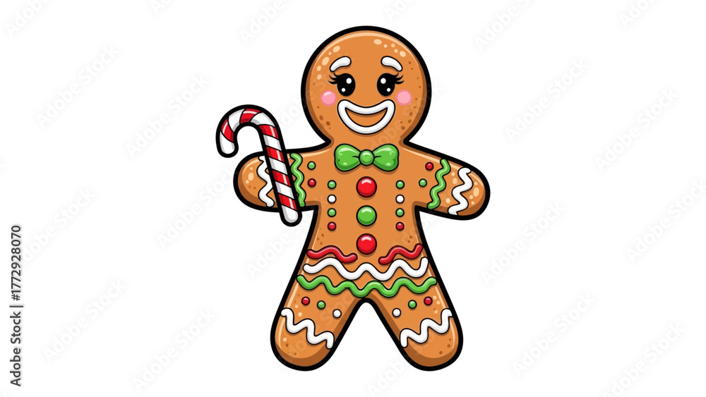 Obraz premium Gingerbread man with candy cane: A cheerful gingerbread man figure stands proudly, clutching a striped candy cane. His cheerful demeanor captures the festive mood of the holiday season.