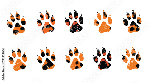 Vibrant Orange and Black Paw Prints Vector Illustration