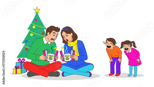 Family Holiday Cheer: A family gathers in front of a decorated Christmas tree, parents look astonished while children laughing, as they are enjoying the warm, cozy atmosphere.