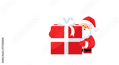 Santa Claus holds a large red gift box with a white ribbon on a white background