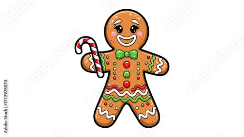 Gingerbread man with candy cane: A cheerful gingerbread man figure stands proudly, clutching a striped candy cane. His cheerful demeanor captures the festive mood of the holiday season.