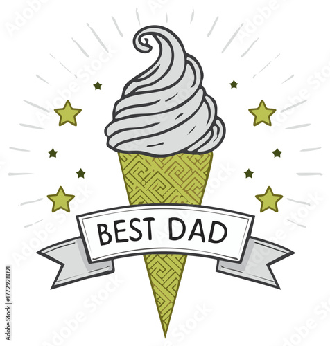 Doodle style soft serve ice cream cone with Best Dad ribbon and stars