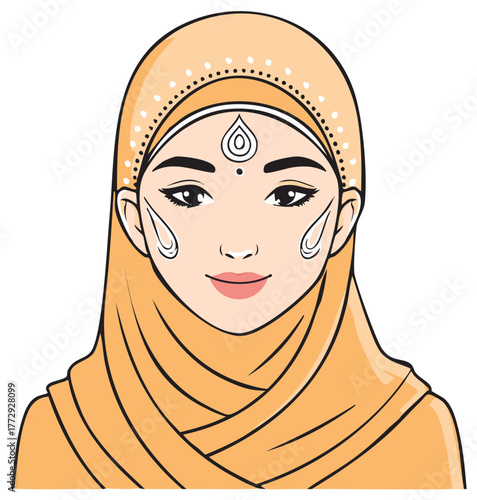 Portrait of a woman wearing a traditional headscarf and spiritual decorations vector illustration