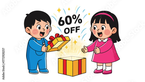 Gift Box Discount Delight: Two cheerful youngsters share a moment of wonder, discovering a vibrant gift box, adorned with a tempting 60% OFF offer. It is a visual representation of great value.