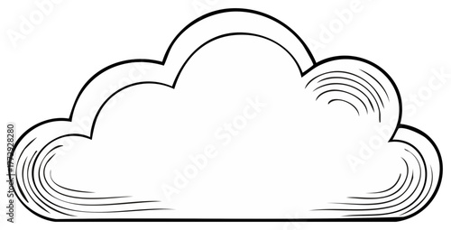 Stylized black and white outline drawing of a puffy cloud with sketchy texture details