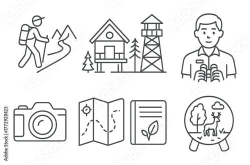 Outdoor activity icons featuring hiking, nature, and conservation