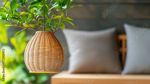 Woven Vase with Greenery on Patio with Pillows Soft Light.
