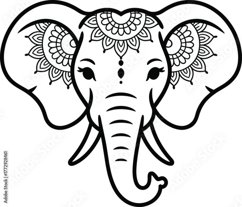 Black line art of an elephant head with mandala forehead decoration
