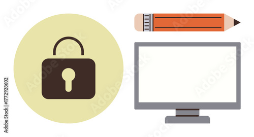 Lock, computer monitor, and pencil representing security, technology, and creativity. Ideal for cyber safety, online education, design tools, secure workspaces digital innovation creative learning