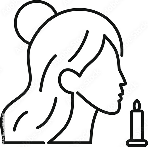 Line drawing of a woman smelling a scented candle, aromatherapy and relaxation concept