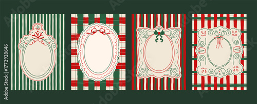 Festive hand drawn Christmas frame set in red, green, and cream tones.Whimsical borders with bows, ribbons, and wavy lines on striped and plaid backgrounds for Christmas cards, invitations, posters
