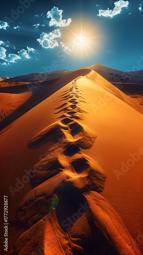 Golden sunlight shining across desert dunes with footprints symbolizing journey ahead