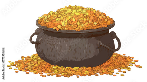 Bountiful Cauldron Overflowing with Golden Coins - Feast of Saints Celebration