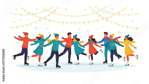 Winter Wonderland Dance: A group of individuals glide gracefully on an ice rink, linked in a festive chain. Overhead, twinkling lights and gentle snowfall create a magical atmosphere. 