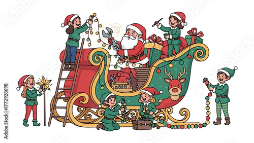 Workshop of Wonders: A bustling workshop scene unfolds, with a jolly figure and his helpful assistants meticulously preparing a magical sleigh for a festive journey, full of lights and decorations.