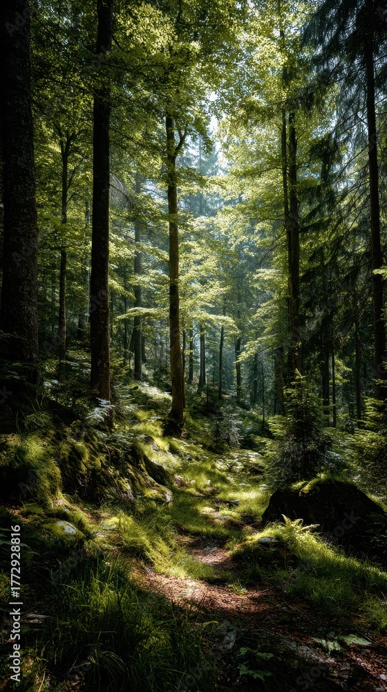 Fototapeta premium Forest Landscape with Sun Rays Piercing Through Trees, Serene Nature Scene