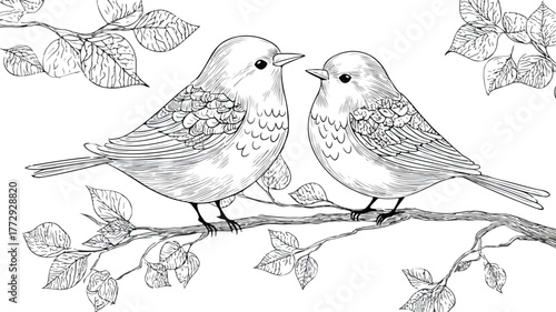 Enchanting Coloring Page Featuring a Pair of Birds on Tree Branch
