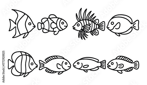 Outline illustrations of eight fish species on a dark background