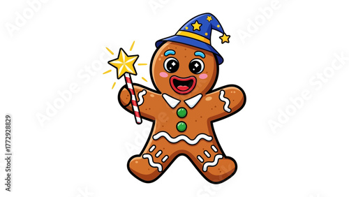 Magical Gingerbread Man: An adorable gingerbread man, adorned with a wizard hat and holding a magic wand, comes to life, filled with festive cheer and holiday magic.
