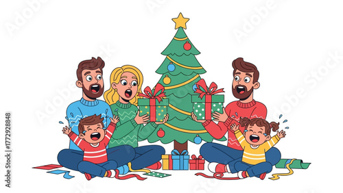 Joyful Family Christmas: Capturing a heartwarming scene of a family surrounded by gifts and a decorated Christmas tree, evoking feelings of excitement and togetherness. 