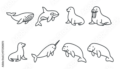 Cartoon marine animals: whale, orca, seal, walrus, narwhal, manatee