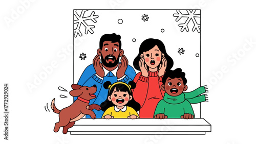 Winter Family in Wonder: A heartwarming scene unfolds as a family gazes in amazement at the falling snow, their faces mirroring the excitement of the winter season and holiday joy. 
