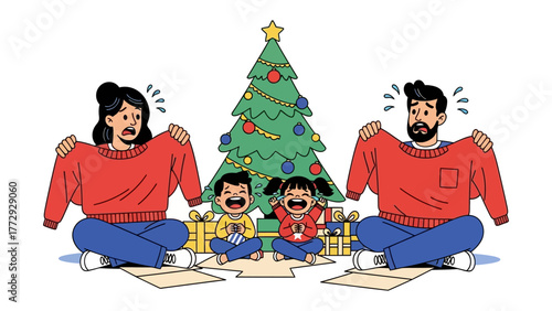 Christmas Sweater Mishap: A comical family moment as they realize the size of their festive sweaters, sitting beside a decorated tree with joy and laughter.