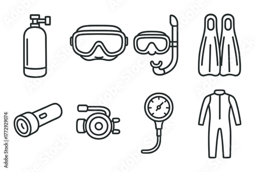 Diving gear icons: tank, goggles, snorkel, fins, flashlight, reel, gauge, suit