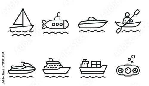 Vector icons of various watercraft: sailboat, submarine, kayak, and more