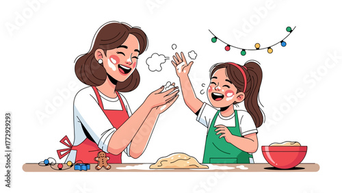 Joyful Baking Moment: A mother and daughter, beaming with delight, engage in a playful baking session, sharing floury smiles and creating precious memories together. 