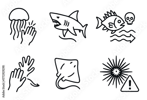 Dangerous marine animal warning signs - jellyfish, shark, ray, and fish symbols