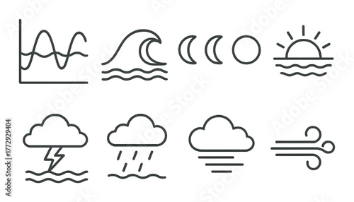 Weather icons: graph, waves, phases, cloud, lightning, rain, wind