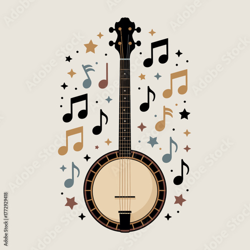 Banjo with musical notes and stars illustration