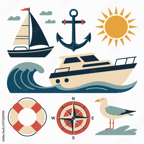 Nautical elements collection with sailboat speedboat anchor sun and seagull