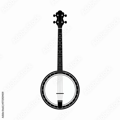 Black and white illustration of a banjo on a white background